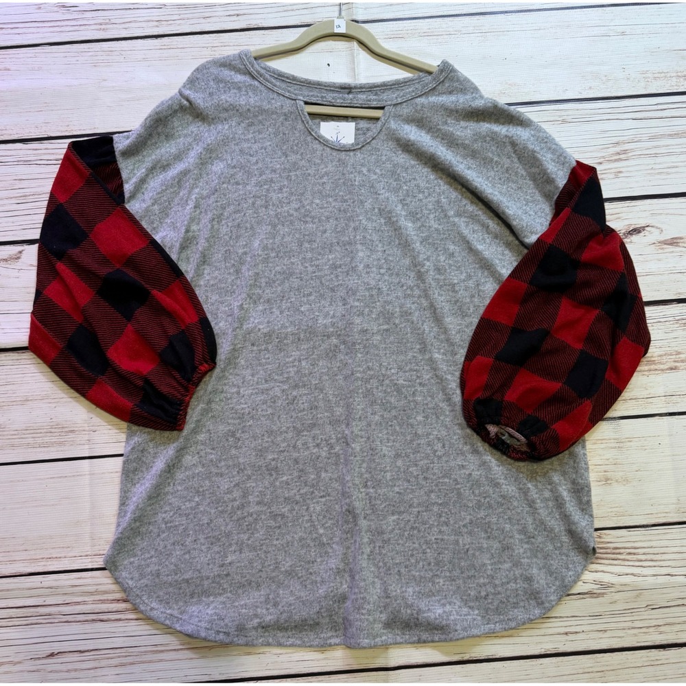 Honey Me Curvy Grey Buffalo Plaid Balloon Sleeve Keyhole Top XXXL